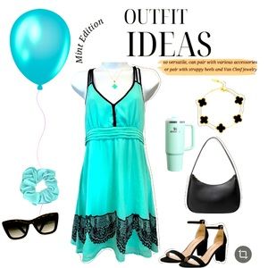 Sweet Aqua Green Dress with Black Lace Print Accents